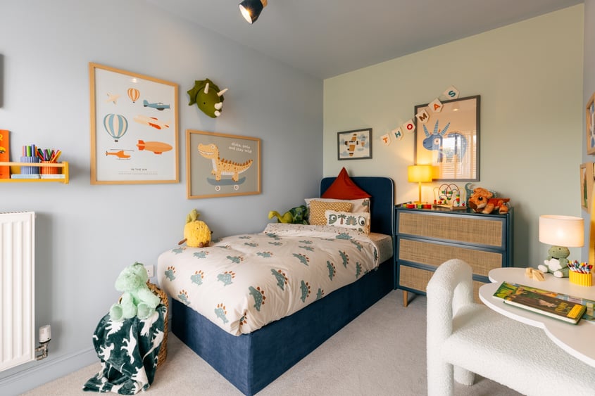 A fun dinosaur-themed bedroom in the Penketh show home at Anwyl’s Eagles Green development is designed to spark imagination